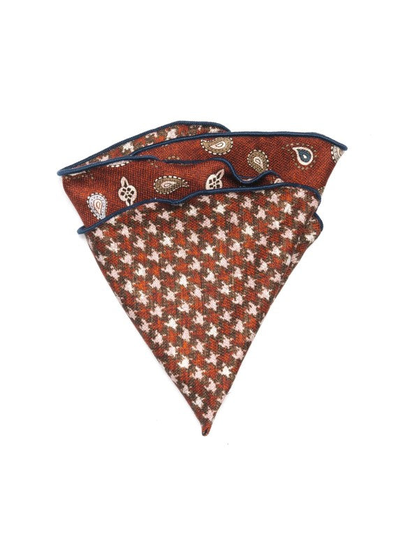 Brick Mini Paisley/Houndstooth Print Silk Shappe Diamante Reversible Pocket Circle