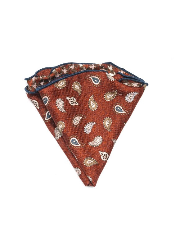 Brick Mini Paisley/Houndstooth Print Silk Shappe Diamante Reversible Pocket Circle