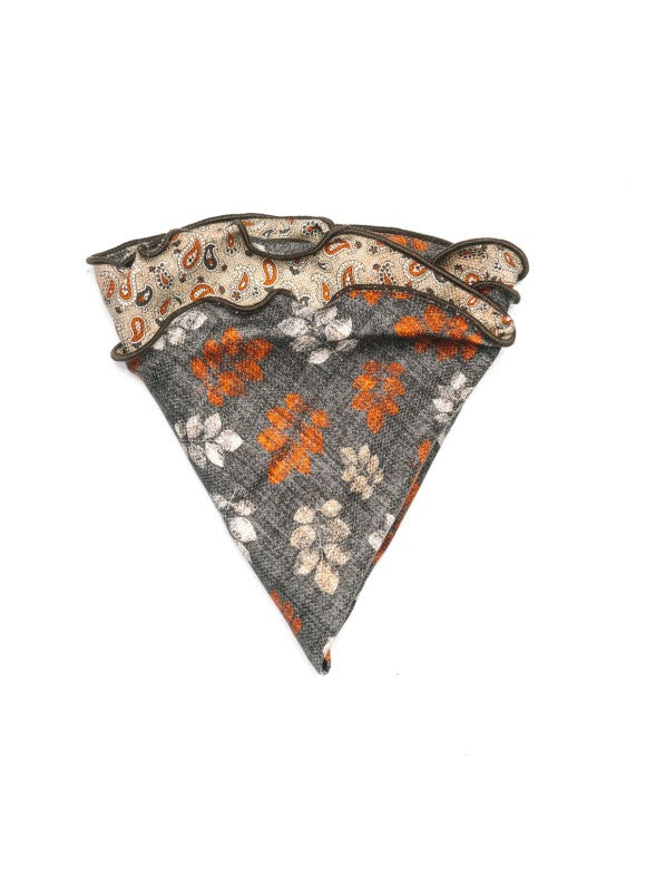 Tan/Charcoal Mini Paisley/Leaf Print Silk Shappe Diamante Reversible Pocket Circle