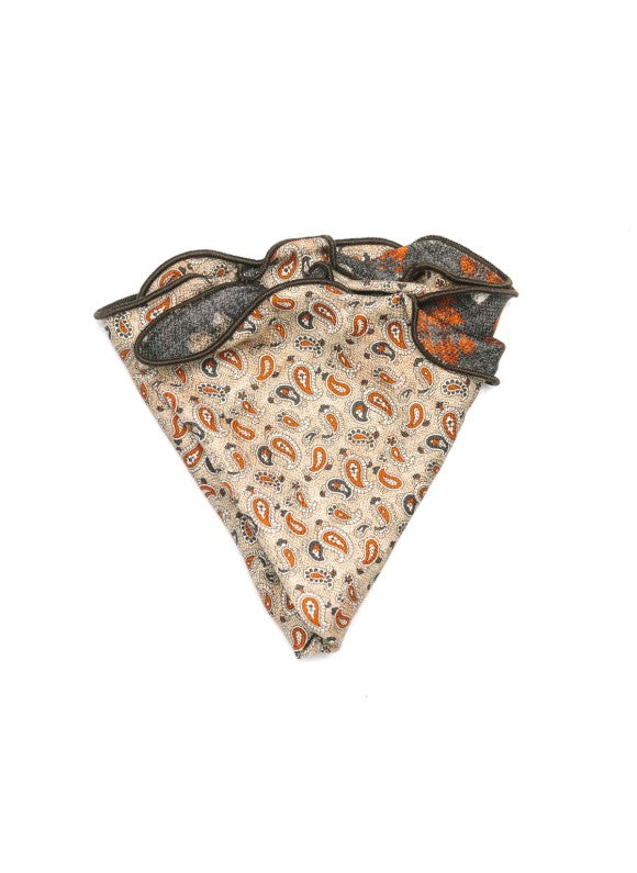 Tan/Charcoal Mini Paisley/Leaf Print Silk Shappe Diamante Reversible Pocket Circle