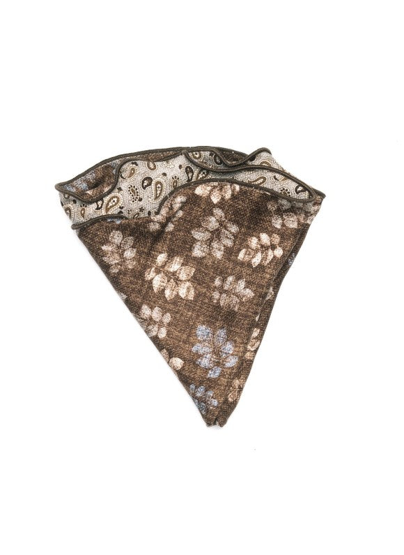 Grey/Brown Mini Paisley/Leaf Print Silk Shappe Diamante Reversible Pocket Circle