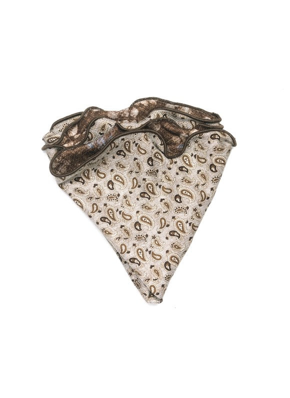 Grey/Brown Mini Paisley/Leaf Print Silk Shappe Diamante Reversible Pocket Circle