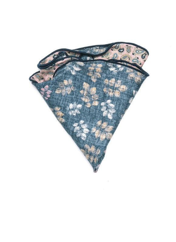 Pink/Denim Mini Paisley/Leaf Print Silk Shappe Diamante Reversible Pocket Circle