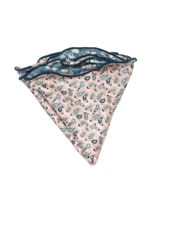 Pink/Denim Mini Paisley/Leaf Print Silk Shappe Diamante Reversible Pocket Circle