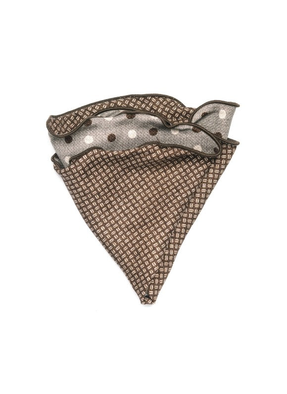 Grey Polka Dots/Basketweave Print Silk Shappe Diamante Reversible Pocket Circle