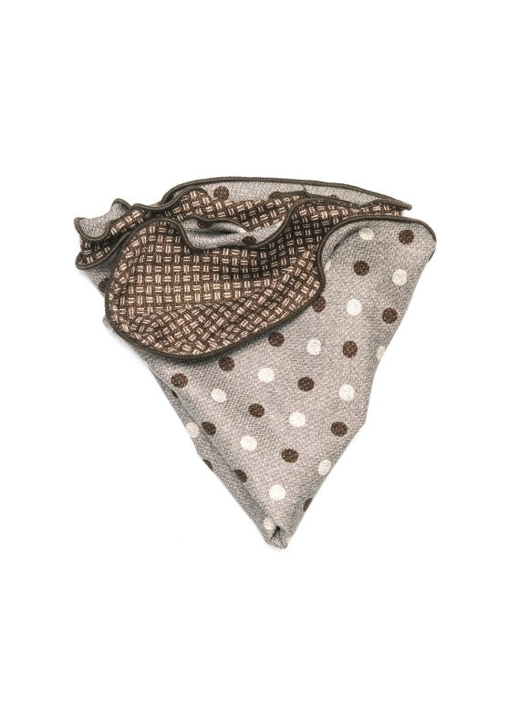 Grey Polka Dots/Basketweave Print Silk Shappe Diamante Reversible Pocket Circle