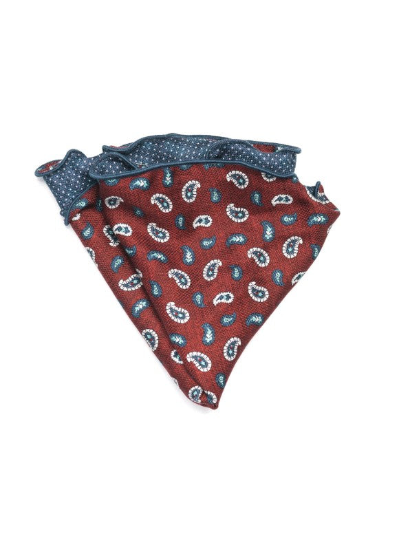 Burgundy Paisley Neat/Pin Dots Print Silk Shappe Diamante Reversible Pocket Circle