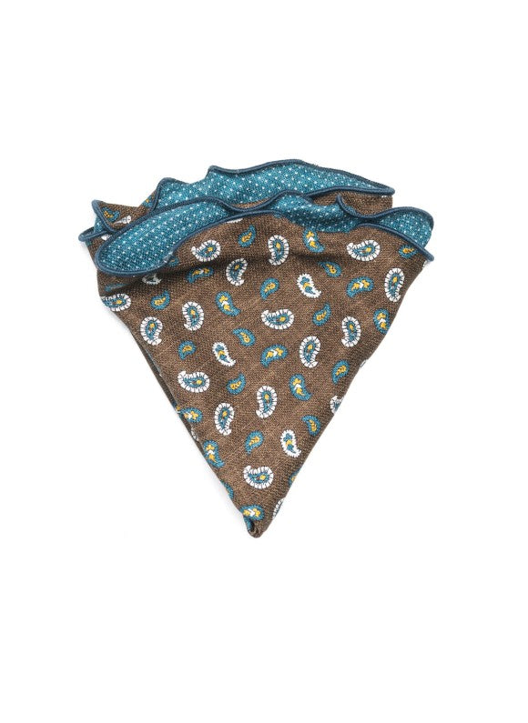 Brown Paisley Neat/Pin Dots Print Silk Shappe Diamante Reversible Pocket Circle