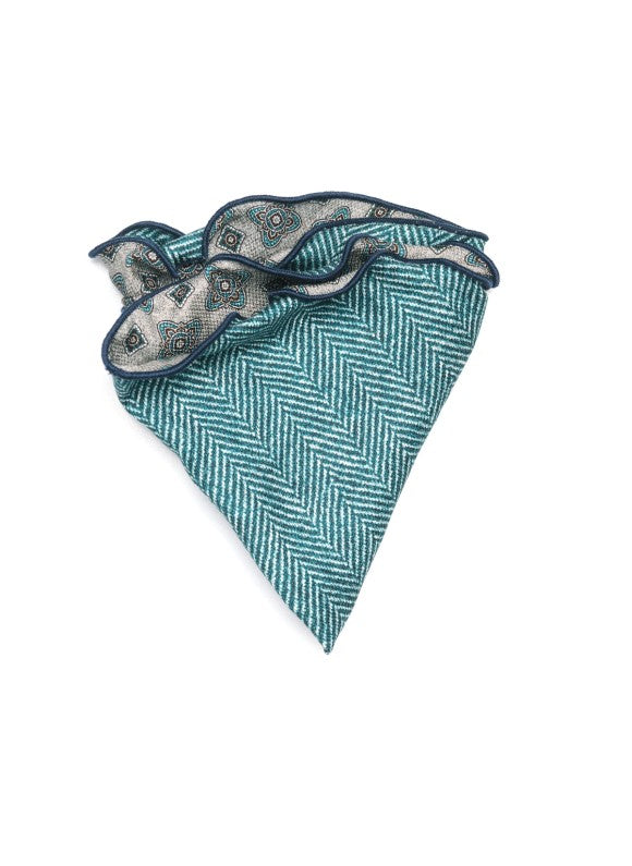 Grey/Teal Quatrefoil Neat/Herringbone Print Silk Shappe Diamante Reversible Pocket Circle