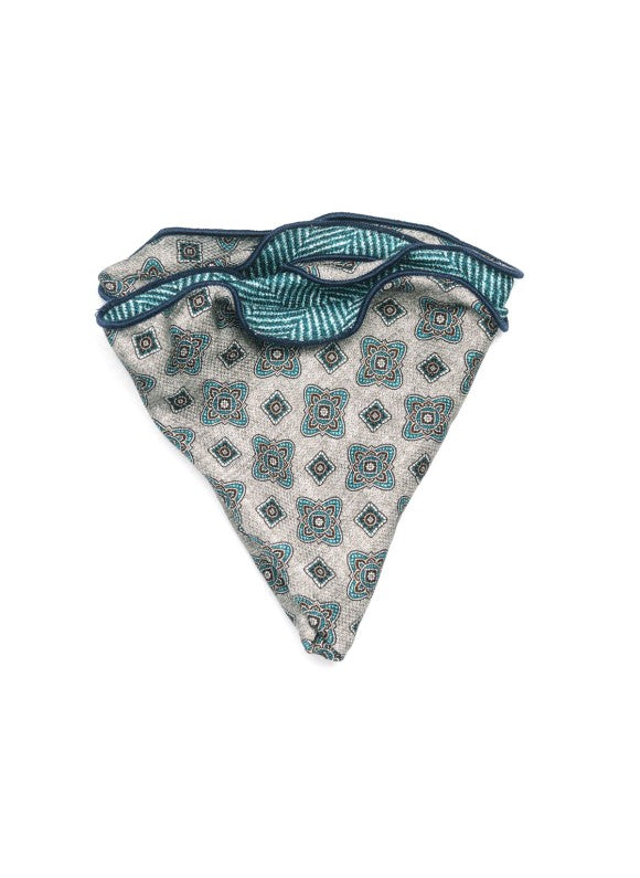 Grey/Teal Quatrefoil Neat/Herringbone Print Silk Shappe Diamante Reversible Pocket Circle