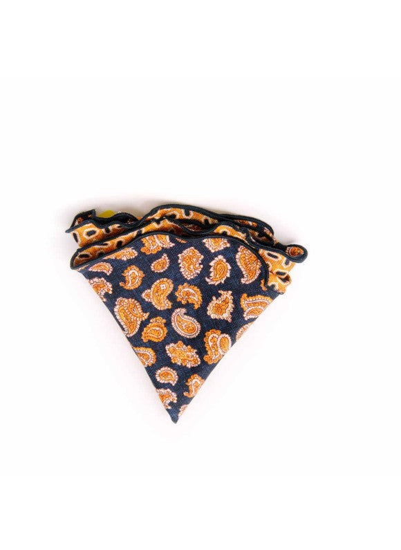 Navy/Orange Paisley Pines/Geo Print Silk Shappe Diamante Reversible Pocket Circle
