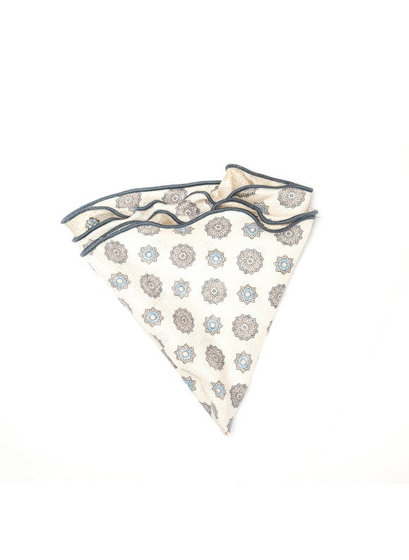 Beige/Sky Blue Medallions/Floret Neat Print Silk Shappe Diamante Reversible Pocket Circle