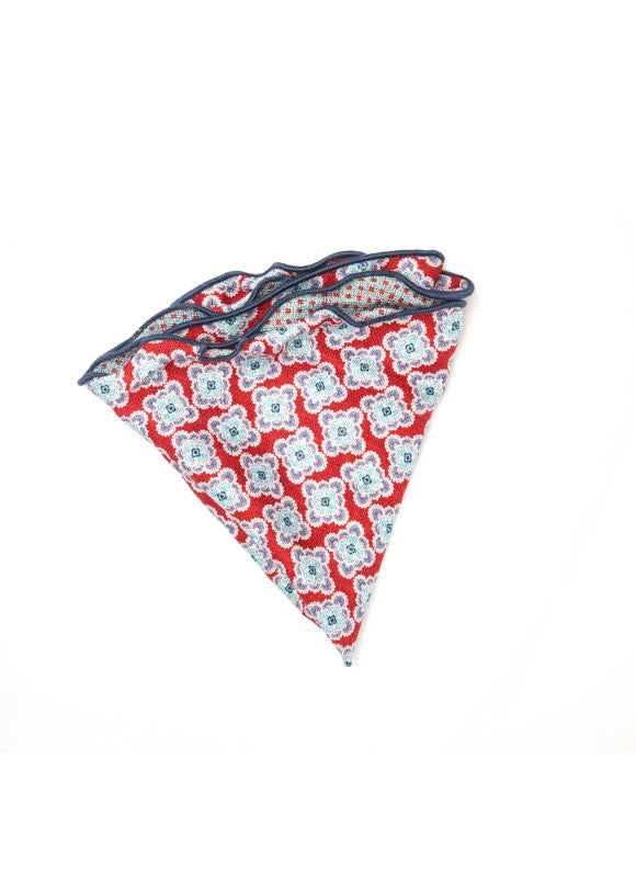 Red/Sky Medallions/Links Neat Print Silk Shappe Diamante Reversible Pocket Circle