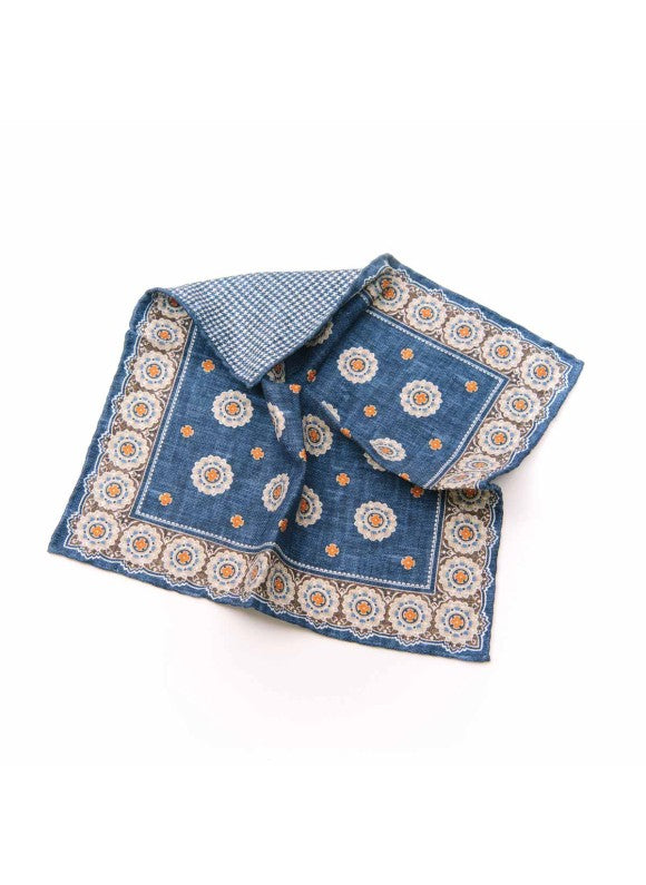 Denim/Rust Medallions/Houndstooth Print Reversible Pocket Square
