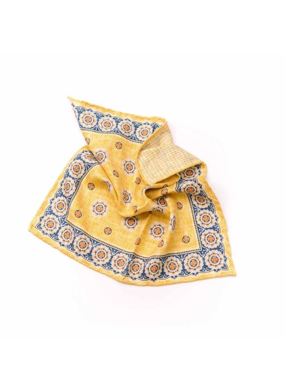 Yellow/Rust Medallions/Houndstooth Print Reversible Pocket Square