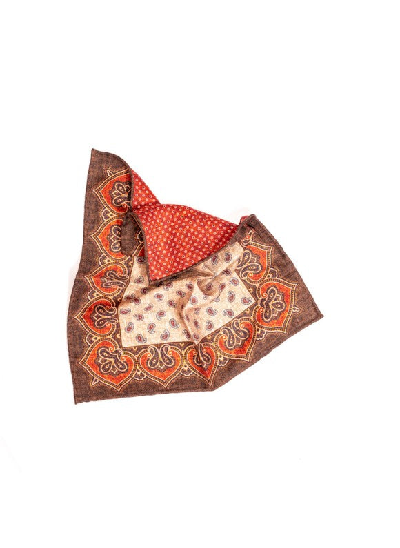 Tan/Chocolate Mini Paisley/Shadowed Dots Print Reversible Pocket Square