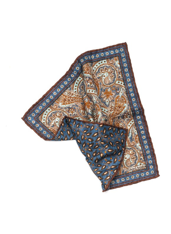 Denim/Aqua Exploded Paisley Print Reversible Pocket Square