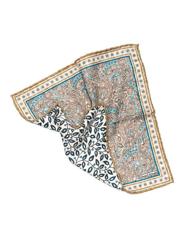 Beige/Blue Exploded Paisley Print Reversible Pocket Square