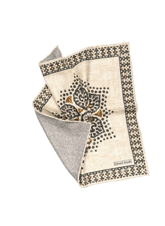 Beige Centered Floral Design Print Reversible Pocket Square
