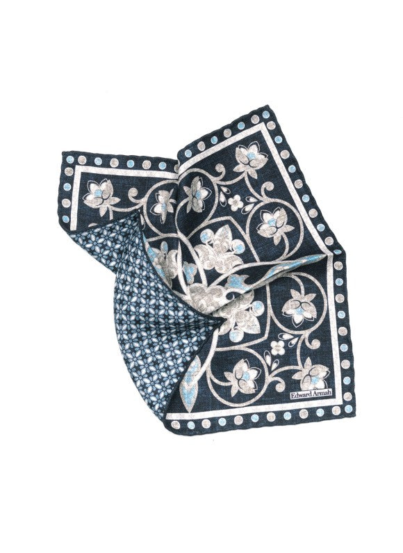 Navy Paisley Vine Print Reversible Pocket Square