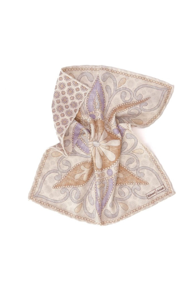 Beige Large Floral Design/Medallion Neat Print Reversible Pocket Square