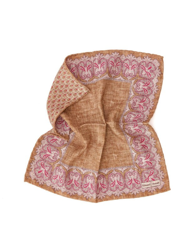 Camel Persian/Feather Print Reversible Pocket Square