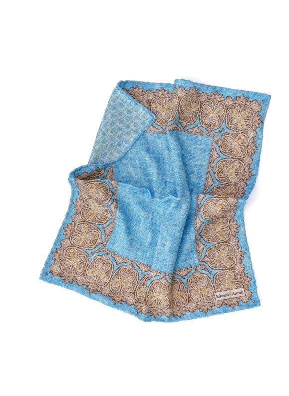 Sky Persian/Feather Print Reversible Pocket Square