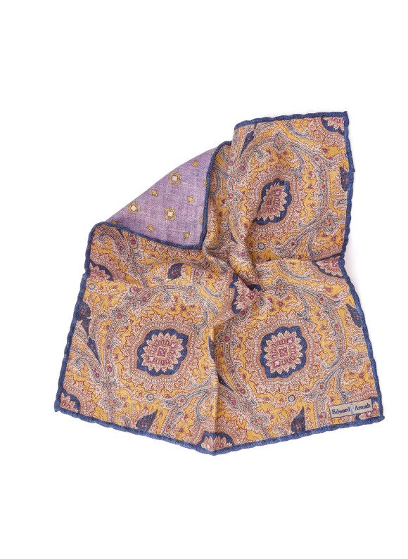 Mustard Persian/Neat Print Reversible Pocket Square