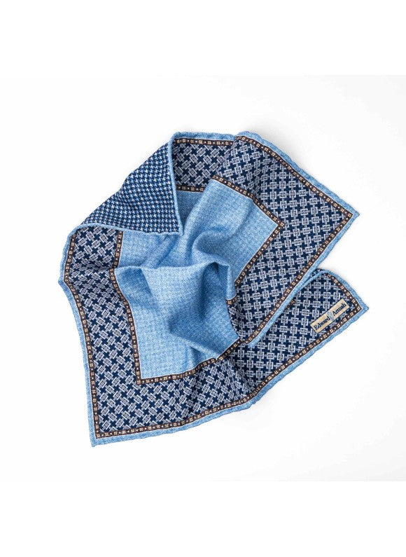 Blue Design Border/Houndstooth Print Reversible Pocket Square
