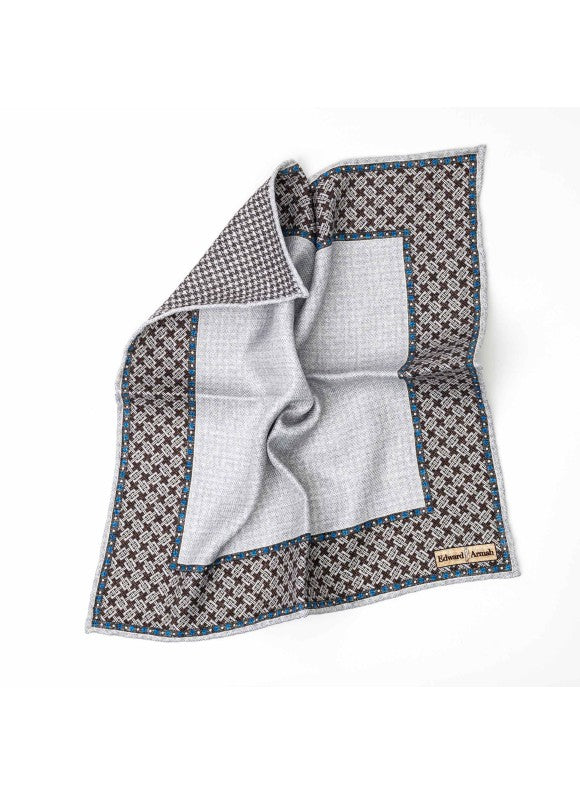Gray Design Border/Houndstooth Print Reversible Pocket Square