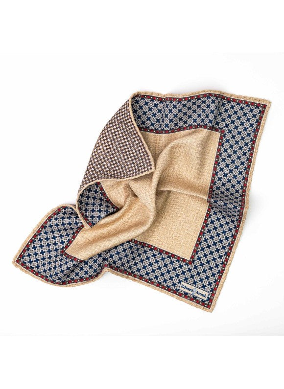 Tan Design Border/Houndstooth Print Reversible Pocket Square