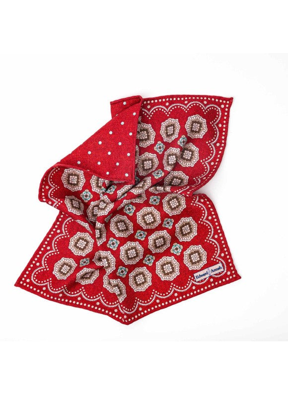 Red Floral Medallion/Dots Print Reversible Pocket Square
