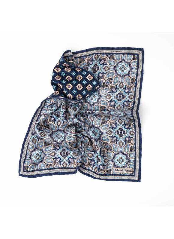 Denim Paisley/Neat Print Reversible Pocket Square