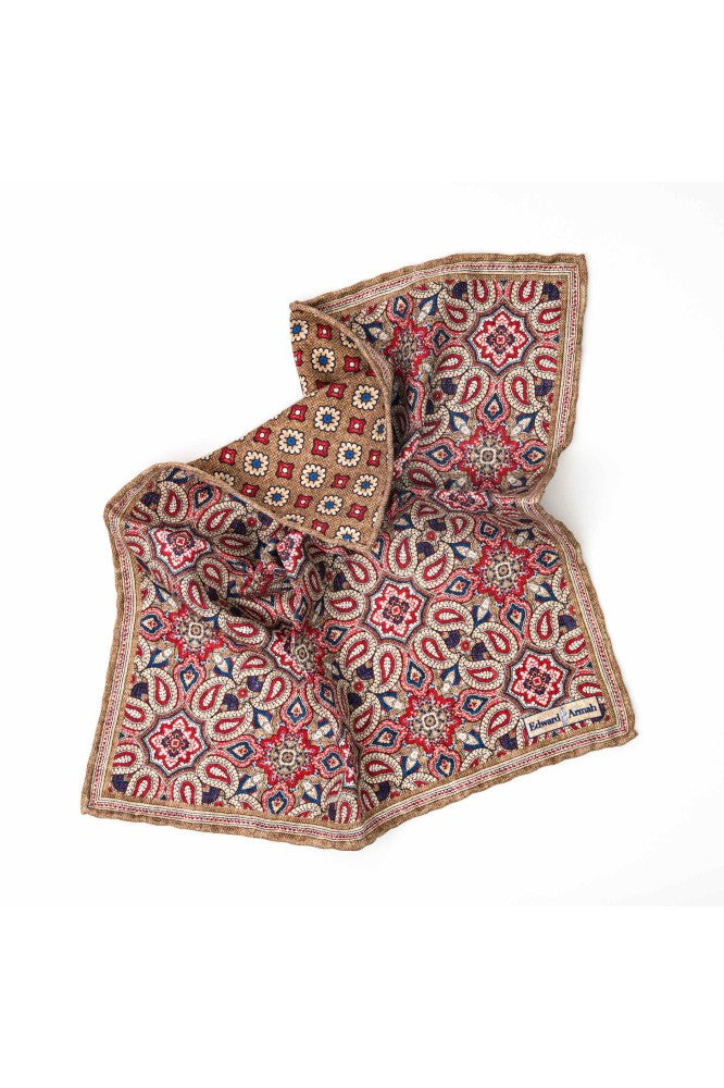 Khaki Paisley/Neat Print Reversible Pocket Square