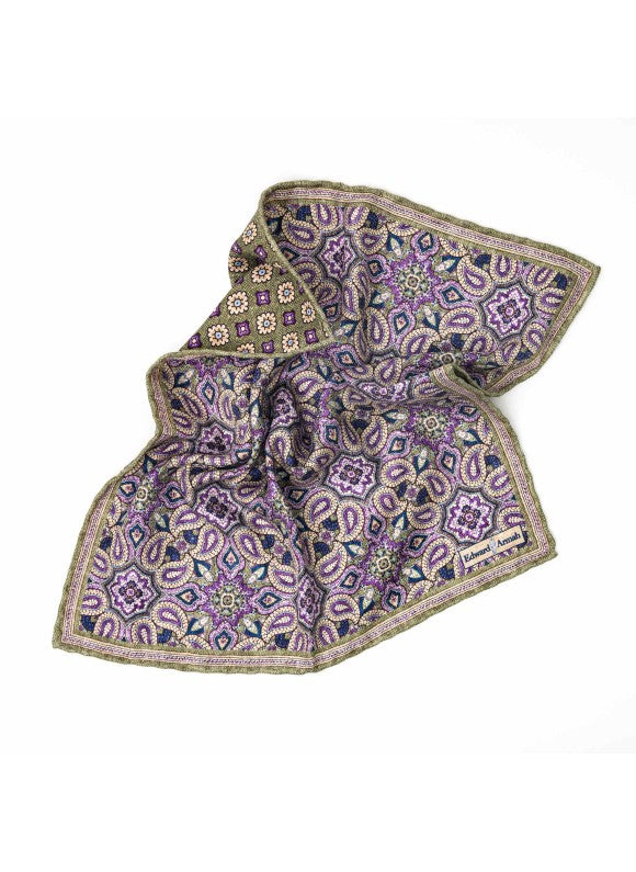 Olive Paisley/Neat Print Reversible Pocket Square