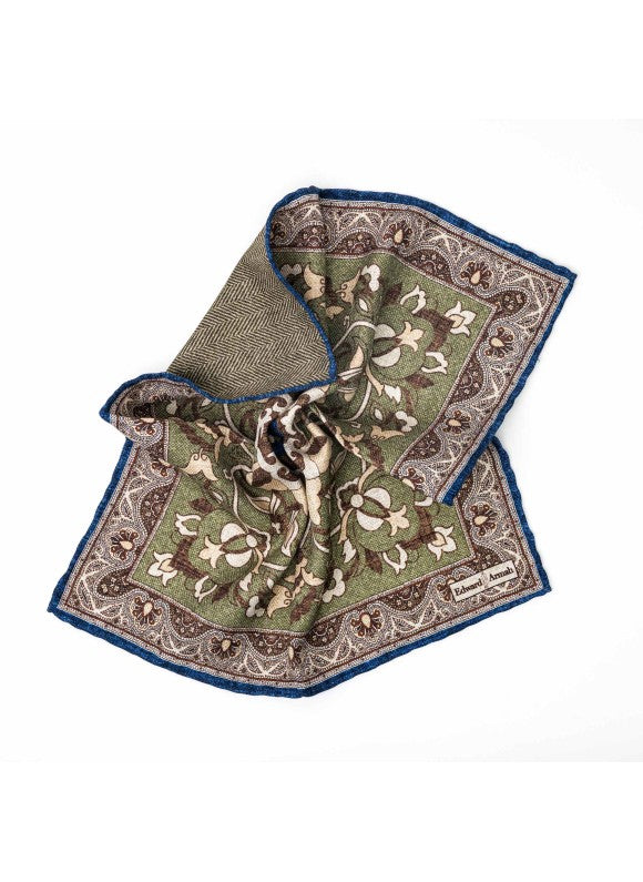 Olive Floral Vine/Herringbone Print Reversible Pocket Square