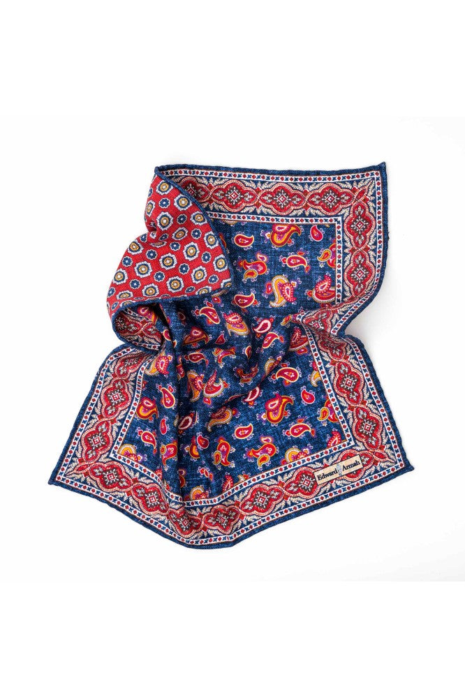Denim Paisley/Neat Print Reversible Pocket Square