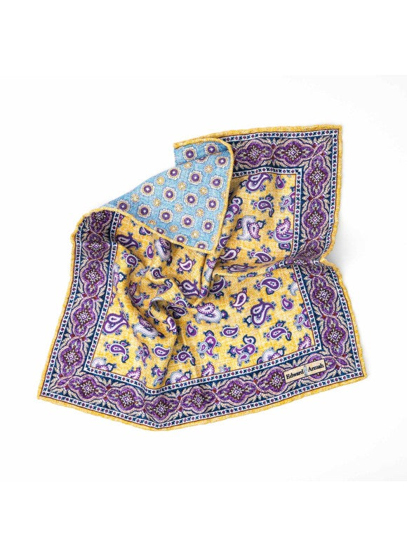 Yellow Paisley/Neat Print Reversible Pocket Square