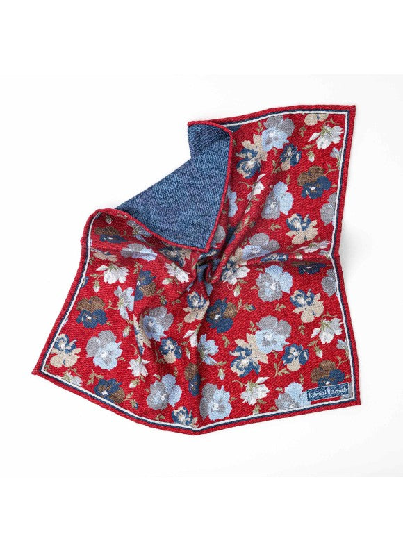 Red Floral/Solid Print Reversible Pocket Square