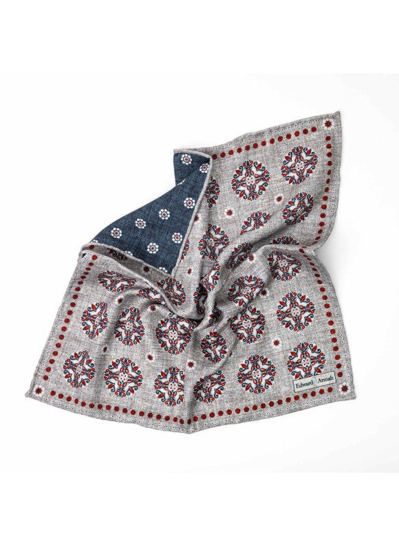 Gray Medallion/Floret Neat Print Reversible Pocket Square