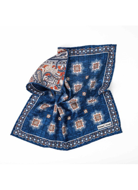 Denim Foulard/Exploded Paisley Print Reversible Pocket Square