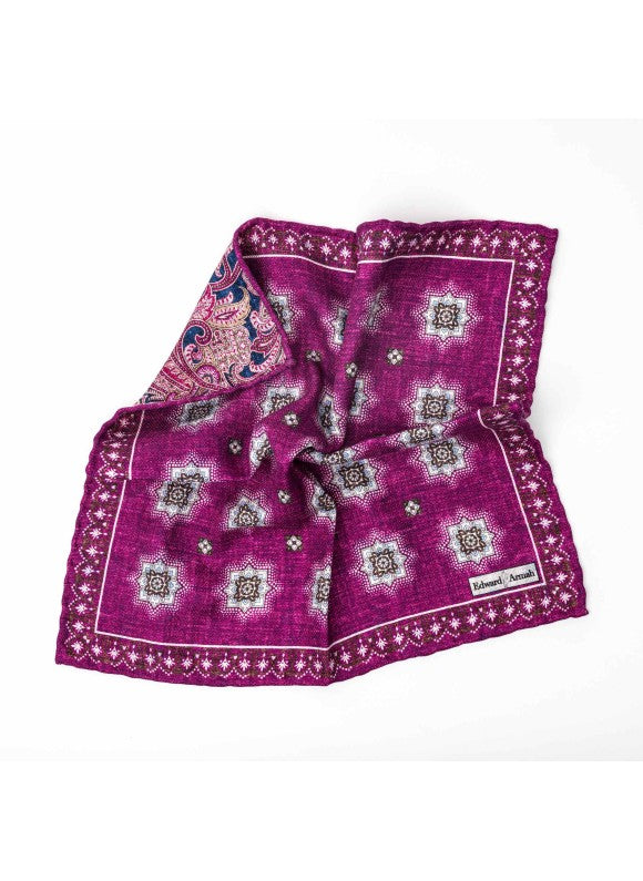 Magenta Foulard/Exploded Paisley Print Reversible Pocket Square