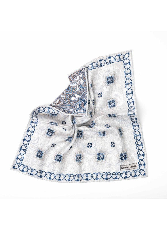 Beige Foulard/Exploded Paisley Print Reversible Pocket Square