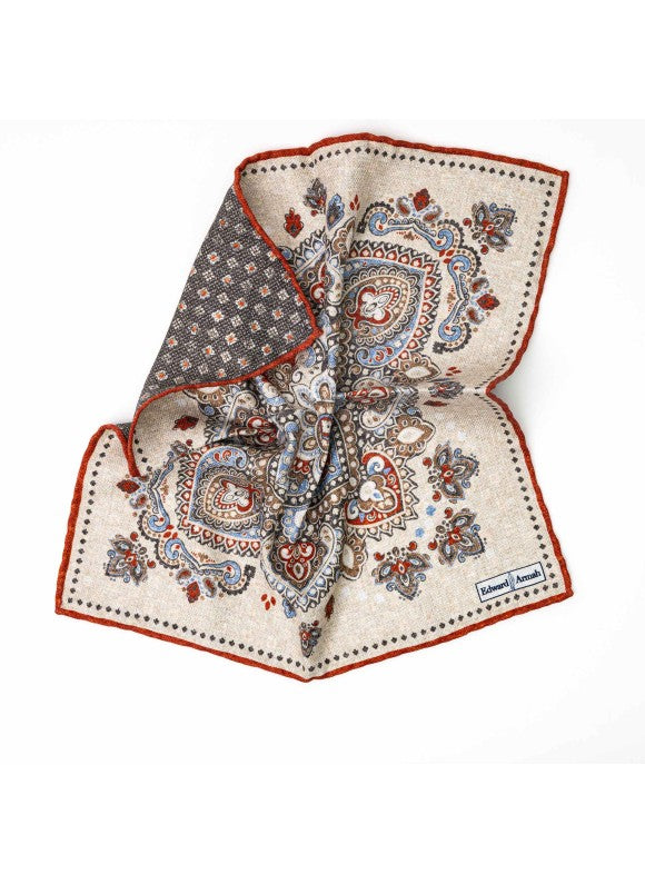 Tan Persian/Neat Print Reversible Pocket Square