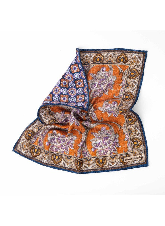 Rust Paisley Vine/Medallion Print Reversible Pocket Square