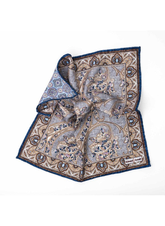 Gray Paisley Vine/Medallion Print Reversible Pocket Square