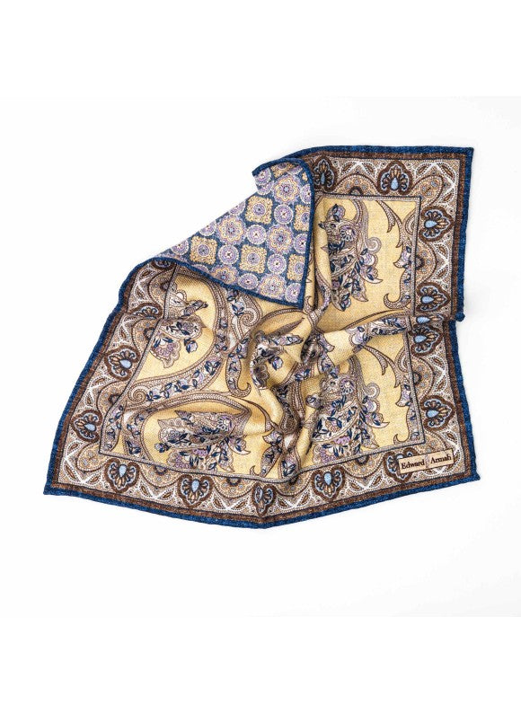 Tan Paisley Vine/Medallion Print Reversible Pocket Square