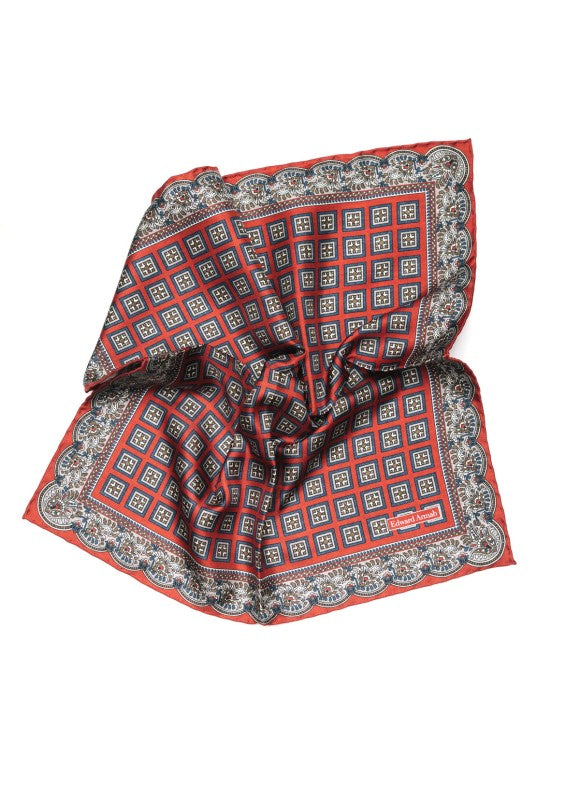 Barn Red/Denim Foulard Print Pocket Square