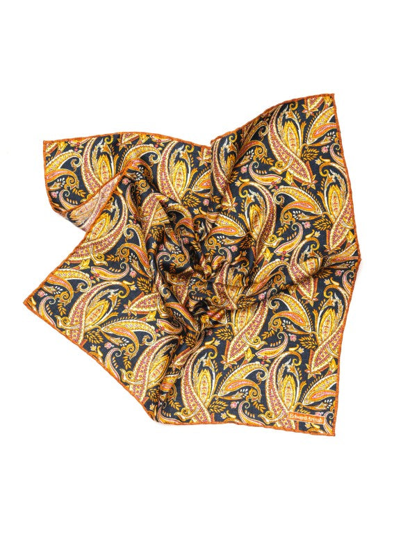 Navy/Orange Paisley Print Pocket Square