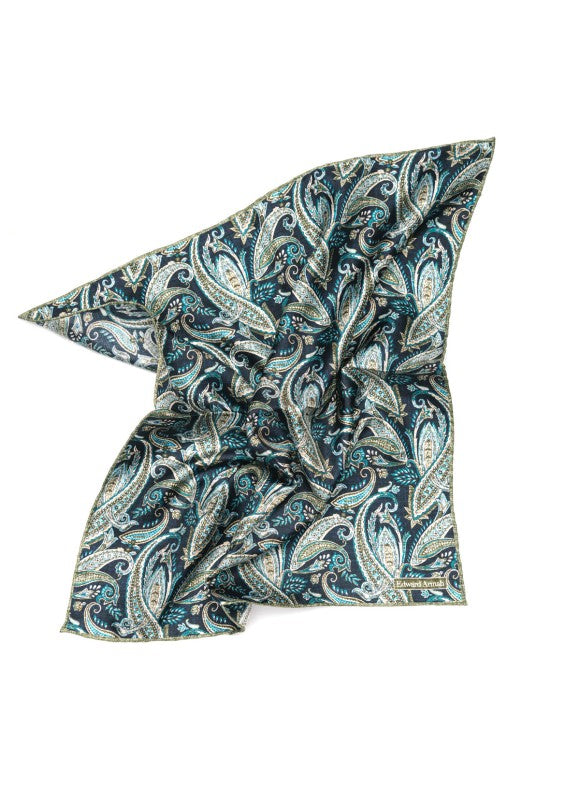 Navy/Olive Paisley Print Pocket Square